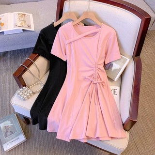 MR [Dress Oversize] (40-150kg) Đầm cổ ngắn tay kiểu Pháp trơn cỡ lớn thời trang có dây đeo chữ A