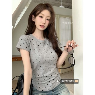 Áo baby tee Áo Coquette Tay Ngắn Áo Kiểu Nữ ôm body Pure Desire Phong Cách Retro Chấm Bi Màu Sắc Tương Phản Áo Thun Nữ Mùa Hè Phong Cách Mới Slim-fit