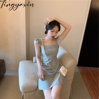Tingyaxiu Váy tay bay nữ kiểu Pháp váy hông khí chất váy eo