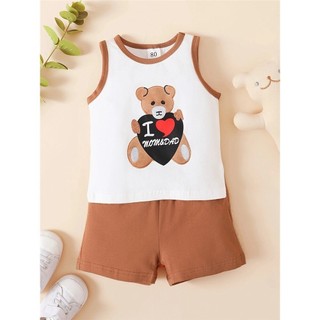 Bộ Quần Áo Bé Trai 2 Chiếc Cho Bé Trai 0-2 Tuổi Tập Đi Áo Vest In Hình Gấu Không Tay Có Quần Short Trơn Mùa Hè Ngoài Trời Mặc Quần Áo Cho Bé
