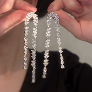 Zircon Giọt Nước Tua Rua Dài Ánh Sáng Sang Trọng Kim Bạc S925 Bông Tai Thời Trang Cao Cấp