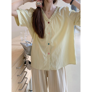 Suxi Retro Nhiều Màu Sắc Nút Gấp Cổ Chữ V Áo Sơ Mi Tay Ngắn Nữ 240619