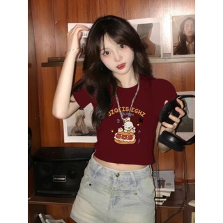 Áo baby tee Áo Thun ôm body Áo y2k Áo thun ngắn tay in màu đỏ rượu vang dành cho nữ