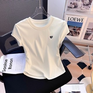Áo coquette tay ngắn Áo phông 6118#官图[260g Ren] Áo thun ngắn tay vai trước nữ ngắn Slim-F