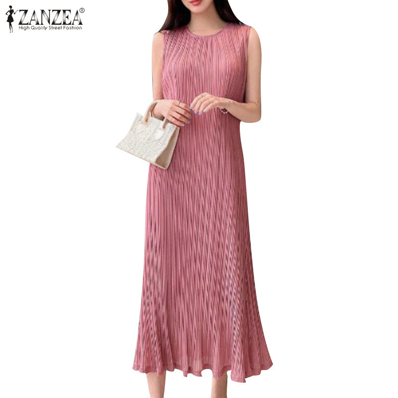 Đầm dài không tay cổ tròn màu trơn ZANZEA dành cho nữ