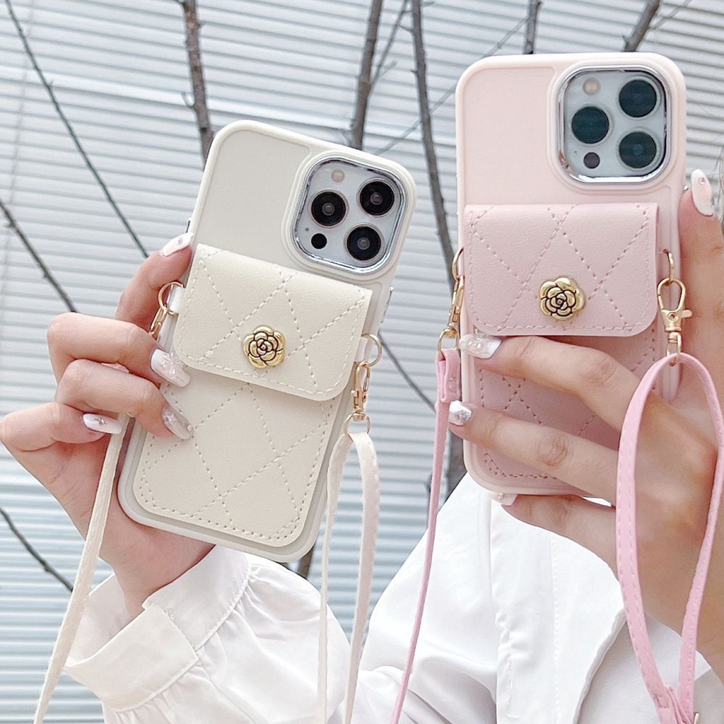 Thích hợp cho IPhone 11 12 Pro Max X XR XS Max SE 7 Plus 8 Plus IPhone 13 Pro Max IPhone 14 Pro Max Thời trang nhẹ sang trọng Túi đựng thẻ đeo chéo hoa Camellia phong cách tối giản