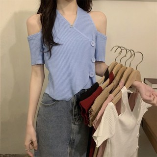 Áo len cổ dây quây Yuewen Áo len nữ mỏng hơn trông ngắn hơn