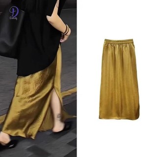 Váy vàng thiết kế sang trọng mới cao cấp Váy xẻ thẳng Satin màu đen