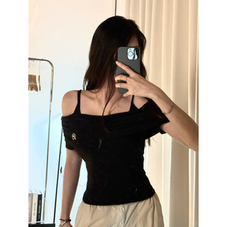 Pure Hot Girl Giả Hai Mảnh Xương Cổ lệch Vai Spaghetti Dây Nữ Hàn Quốc Ngọt Ngào Thoáng Mát Niche Slim Fit Giảm Béo Áo Thun Tay Ngắn Top