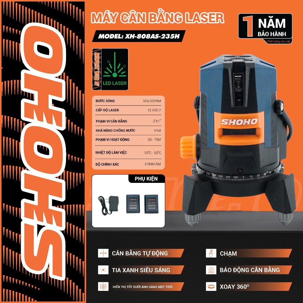 Máy cân bằng laze 5 tia xanh siêu sáng  SHOHO XH-808AS-235H, phím cảm ứng nhạy bén, nhỏ gọn, tiện dụ