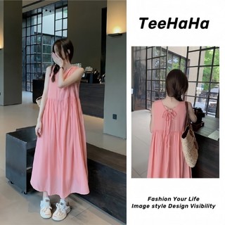 Váy 2 dây trễ vai đi biển Đầm hai dây dài bigsize nữ Váy dáng rộng không tay màu hồng dành cho nữ 2024 Phong cách mới Phiên bản Hàn Quốc thanh lịch Phong cách giảm tuổi