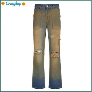 Cr Nữ Quần Denim Thẩm Mỹ Grunge Baggy Jeans Thường Ngày Cao Cấp Đau Khổ Chân Thẳng Quần Jean﻿