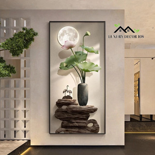 Tranh Tráng Gương KÈM ĐÈN LED 220V "Hoa Sen Vàng" In Cao Cấp - Trang trí hành lang, Treo Phòng Khách.