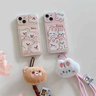 Hoạt hình gấu thỏ lông đồ chơi móc khóa dây đeo iphone ốp lưng khe cắm thẻ mềm trong suốt cho iphone 15 pro max / 14 pro max / 13 12 vỏ iphone 11 chống sốc