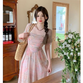 Váy Liền Xếp Ly Kiểu Mới Bong Bóng Kiểu Pháp Hoa Nhỏ Váy Dài Khí Chất Cao Cấp Chít Eo Thon Gọn Mùa Hè Nhẹ Nhàng