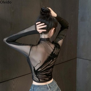 Áo sơ mi dài tay ngắn chắp vá OLVIDO, áo sơ mi đáy nửa cổ rùa lưới mỏng, thiết kế in hình con bướm hở lưng thoáng khí