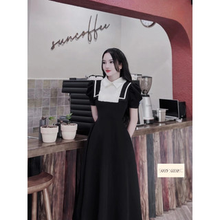 Đầm dài tuyết mưa đen trắng phối cổ sơ mi thanh lịch SML VD019M-