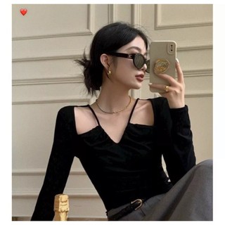 Áo Thun Nữ Borip Cổ Vuông Tay Dài Kết Hợp Dây Đeo Cá Tính TTSLC0275