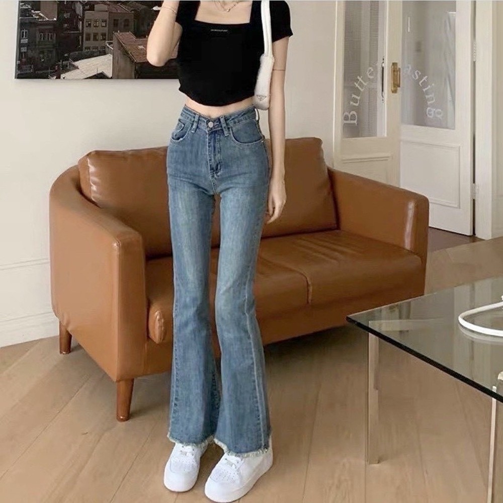 Quần Jean Ống Loe Nữ Cạp Cao Tôn Dáng Ôm Eo, Quần Bò Nữ Ống Loe Trơn May Gấu Chất Vải Co Giãn Nhẹ | BigBuy360 - bigbuy360.vn