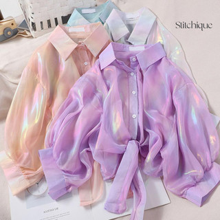 Stitchique _ Women Áo Sơ Mi Chống Nắng Ve Áo 3 / 4 Tay Cầu Vồng Màu Sáng Áo Sơ Mi Đơn Nơ Phong Cách Áo Sơ Mi Voan Mỏng