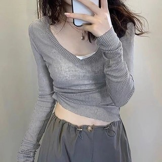 Milyfashion Mặc Ngoài Áo Chống Nắng Bán Chạy Áo Cổ Chữ v Áo Thun Nữ Thu Đông Influencer Nguyên Chất Desire Phong Cách Ngọt Cay Top Tight-F