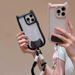 Dây đeo tay tai mèo trong suốt Nhật Bản Thích hợp cho vỏ điện thoại iPhone15promax Apple 14 13 12 11 XSmax XR 8plus 7 Vỏ bảo vệ chống sốc toàn diện