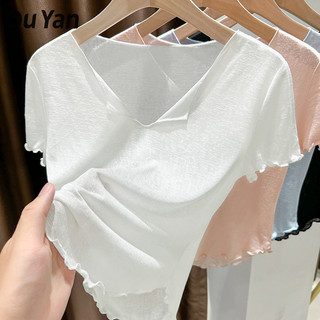 Du YAN Áo thun cổ chữ V ngắn tay vừa vặn màu trơn đơn giản đáy áo thun nữ