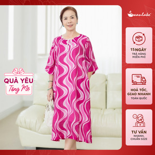  - Váy Đầm Trung Niên Tặng Mẹ Phom Suông A Dài Qua Gối Vải Tơ Bông Lót Cotton Thắt Nơ Cổ Họa Tiết - D11447