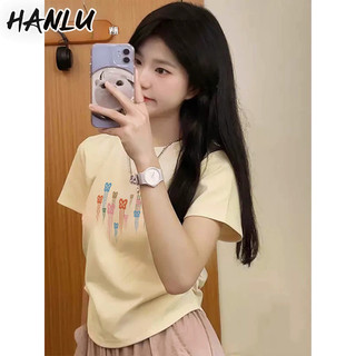 Áo thun nữ mới HANLU có nếp gấp vai in hình và áo thun ngắn tay eo