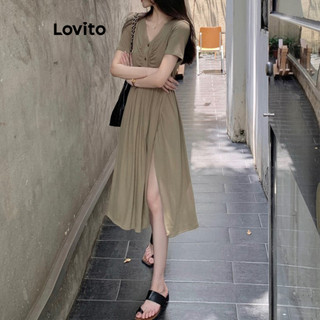 Đầm Lovito xếp ly màu trơn xẻ tà phong cách thường ngày cho nữ LNE57641