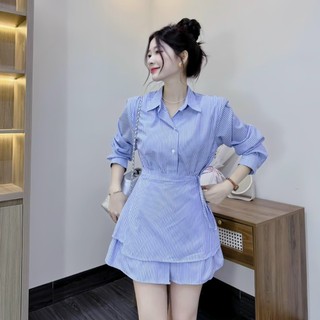 Sét áo sơ mi kẻ sọc xanh kèm chân váy chữ A vạt chéo thắt dây chất thô mềm tiểu thư, Sơ mi tay bồng đi học ulzzang, SEE