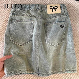 Váy denim nữ IELGY có nơ thêu hông và giảm béo chữ A ngắn