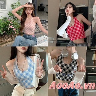 Áo ba lỗ nữ không tay cổ yếm crop áo vest kẻ caro