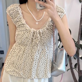 Bm Hoa Ren-up Áo Sơ Mi Tay Ngắn Top Nữ Mùa Hè Mới BM Cổ Vuông Tay Phồng Áo Sơ Mi Ngắn Nữ