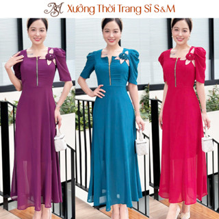 Đầm trung niên tặng mẹ dự tiệc maxi form dài voan chifffon phối dây kéo đồng S&M sang trọng GR0341 (Hình shop tự chụp)