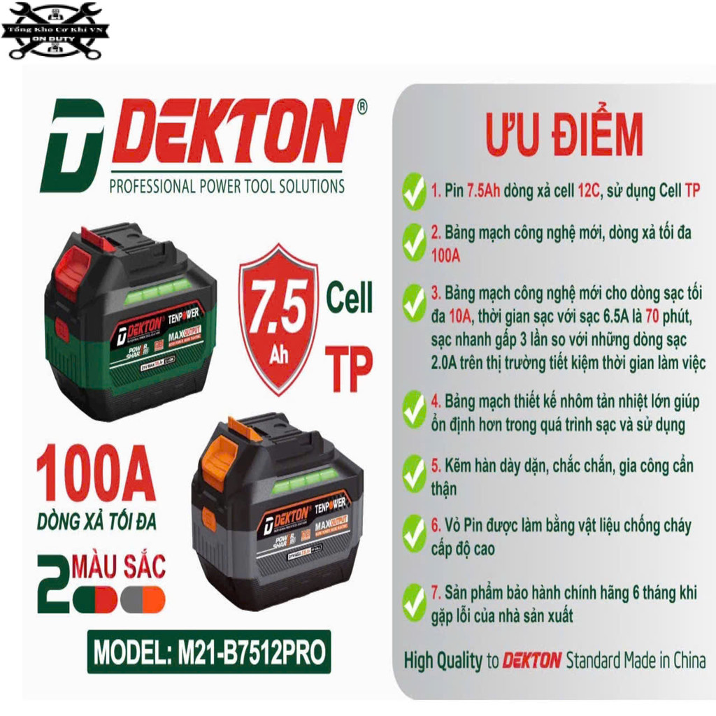 Pin 21V Dekton M21-B7512PRO - Dung lượng 7.5Ah, Dòng Xả 100A, Vỏ chống cháy, Chân pin phổ thông Tổng