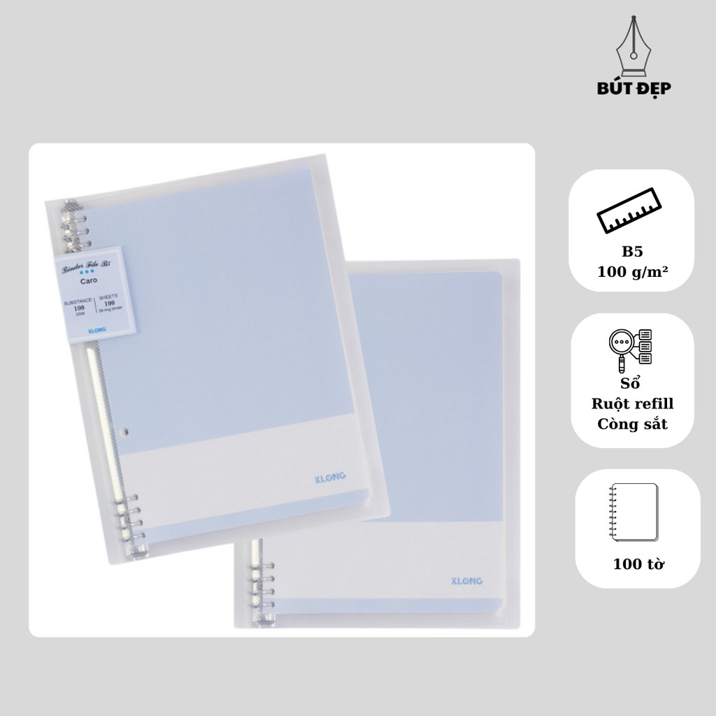 Sổ còng sắt giấy caro ô 6x6mm binder B5 Klong100 tờ MS 530 nét đứt kèm 5 bìa nhựa phân trang 8 chấu