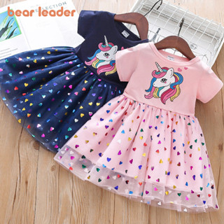  BEAR LEADER Gấu Leader Mùa Hè Cổ Tròn Kỳ Lân In Lưới Bé Gái 2-6Y Quần Áo Trẻ Em Tay Ngắn 