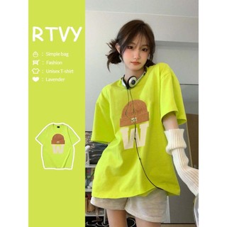 「RTVY」Xanh Nguyên Chất Cotton Ngắn Tay Áo Oversize Hoạt Hình In Chữ Rời Thường Ngày Nữ Top