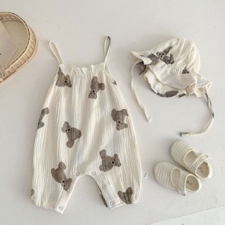 Mùa Hè 2024 Phiên Bản Hàn Quốc Gấu Sling Jumpsuit Bé Tập Đi Nam Nữ Bé Mỏng Phong Cách Thoáng Khí Áo Liền Quần Jumpsuit Với Hồ