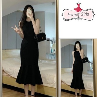Đầm dây đen treo cổ cho nữ Mùa hè Phong cách mới Eo giảm béo đuôi cá Váy đen nhỏ