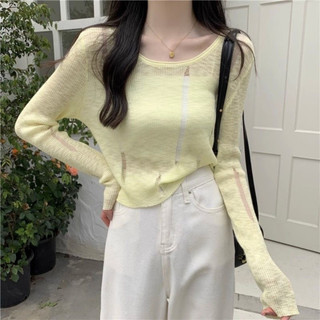 Ccvn Phong Cách Hàn Quốc Nữ Mỏng Phong Cách Dệt Kim Rỗng Dài Tay Chống Nắng Màu Trơn Top