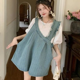 Set Áo Tay Phồng, Quần Yếm Bò Denim Bất Quy Tắc Form Rộng Mẫu Mới Mùa Hè Cho Nữ
