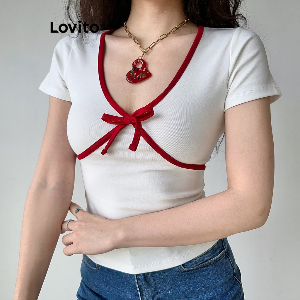 Áo thun Lovito phối viền tương phản ôm vừa phải thường ngày cho nữ L80ED119(Nhiều màu) | BigBuy360 - bigbuy360.vn