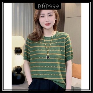 Thời Trang Mới Cổ Tròn Phối Màu Sọc Dệt Kim Tay Ngắn Nữ Mùa Hè Đa Năng Đơn Giản Rời Trẻ Trung Áo Thun Top Nữ