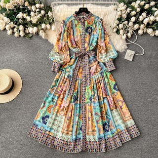 Thời Trang Nữ Vintage In Voan Không Đều Đảng Kỳ Nghỉ Dài Đầm Xuân Hè Ve Áo Đèn Lồng Tay Cao Cấp Rời Áo Ngực Đơn