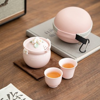Bộ ấm chén sứ pha trà đối ẩm nắp gắn hoa kèm túi du lịch