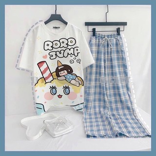Sét bộ áo nam nữ quần kẻ Unisex Full Form to, rộng rãi, thoải mái, NHIỀU MẪU HOT, đồ bộ hoạt hình Freesize DVGIT