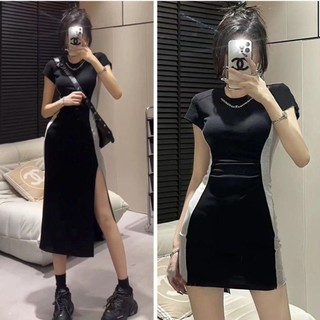 Yuewen Màu Sắc Tương Phản Khâu Chia Slim fit Ôm Hơn Nhìn Sang Trọng Hông Đầm Nữ