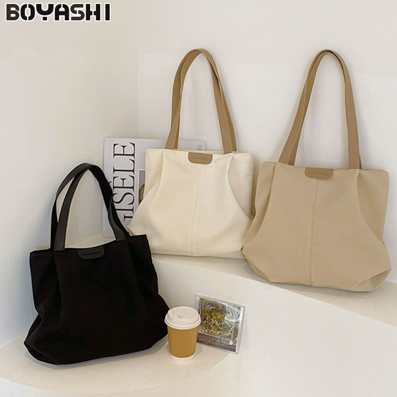 Boyshi Túi tote vải canvas dung tích lớn màu trơn nữ mới Nhật Bản túi đeo vai thông thường